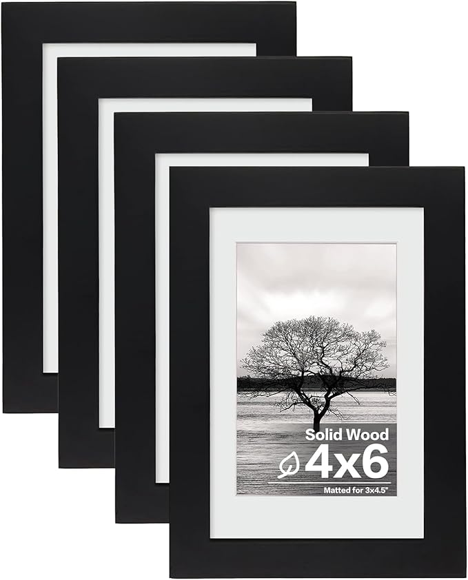 Egofine 4x6 Picture Frames Set of 4, Made of Solid Wood Covered by Plexiglass 3.5x5 with Mat or 4x6 without Mat, for Table Top Display and Wall Mounting Photo Frame Black