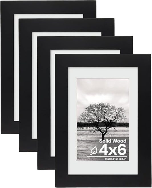 Egofine 4x6 Picture Frames Set of 4, Made of Solid Wood Covered by Plexiglass 3.5x5 with Mat or 4x6 without Mat, for Table Top Display and Wall Mounting Photo Frame Black