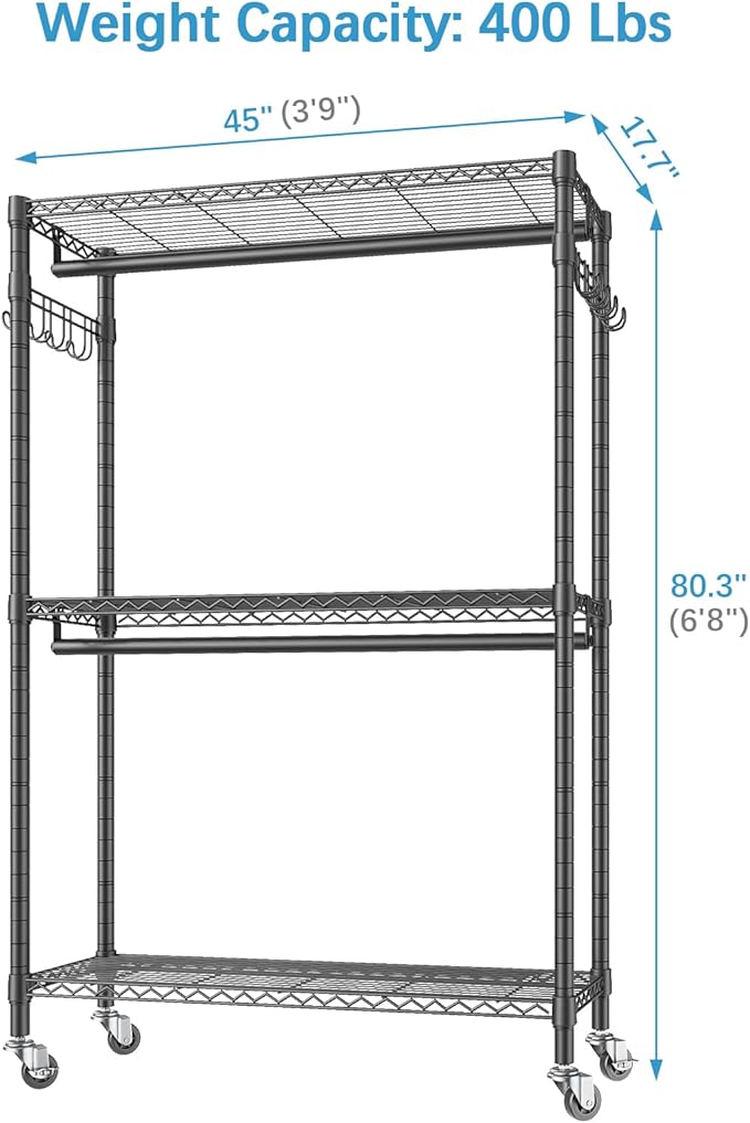 VIPEK R2 Plus Heavy Duty Rolling Garment Rack 3 Tiers Adjustable Wire Shelving Clothes Rack with Double Rods and Side Hooks, Freestanding Wardrobe Storage Rack Metal Clothing Rack, Black