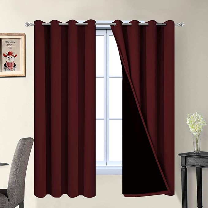 Yakamok 2 Thick Layers Completely Blackout Curtain Panels, Noise Reducing Drapes, Thermal Insulated Curtains with Black Liner for Bedroom(52Wx63L, Burgundy Red, 2 Panels)