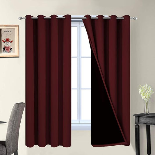 Yakamok 2 Thick Layers Completely Blackout Curtain Panels, Noise Reducing Drapes, Thermal Insulated Curtains with Black Liner for Bedroom(52Wx63L, Burgundy Red, 2 Panels)