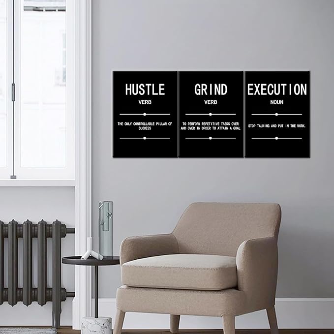 Inspirational Quotes Grind Verb Hustle Verb Execution Noun Motivational Painting Wall Art 3 Pieces Canvas Print Inspiring Office Decor Poster Framed for Wall Art Decoration Ready to Hang[36''Wx 16''H]