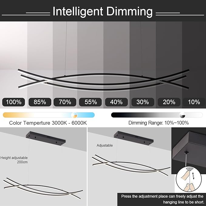 Modern Pendant Light - 39.37" LED Dimmable Chandelier for Kitchen Island & Dining Room, Adjustable Height with Remote