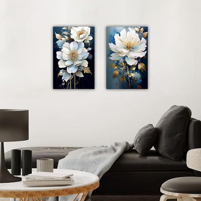 Flower Canvas Wall Art 2 Piece Navy Blue Gold and White Flower Picture Prints Floral Bloom Paintings for Bedroom Living Room Office Decor Framed(Flower,20.00" x 30.00" x 2PCS)