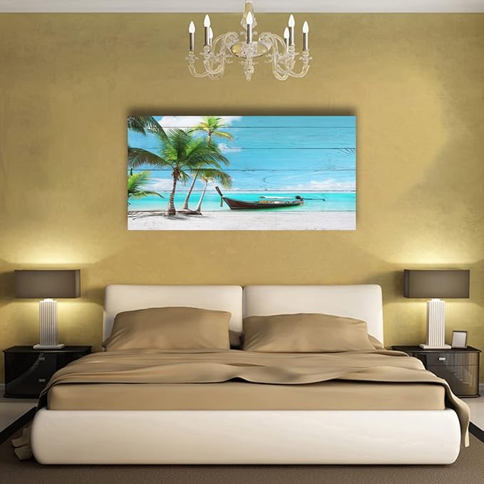 Beach Picture Canvas Prints Coconut Tree Ocean Wall Art Home Decor Natural Seascape Paintings for Living Room Bathroom Bedroom Office Kitchen Decorations Wooden Framed Landscape Artwork 20x40inchs