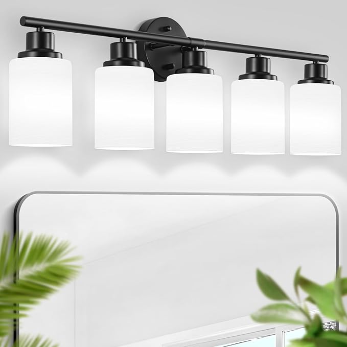 5-Light Matte Black Vanity Lights, Bathroom Light Fixtures with Milky White Frosted Striped Glass Shade, Modern Bathroom Lighting Fixtures Over Mirror Wall Sconce Light - E26 Base