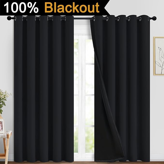 Yakamok 84 Inch Length 100% Blackout Curtains for Bedroom, 2 Thick Layers Thermal Insulated Grommet Total Blackout Drapes with Black Liner for Living Room (70Wx84L,Black, 2 Panels)