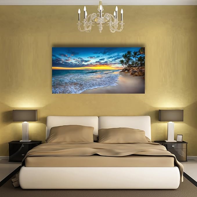 Beach Sunset Pictures Canvas Wall Art For Living Room Bedroom Wall Decor,Sunset Wall Art Print Paitnings for Home Decor,Morden Artwork Palm Coconut Tree Canvas Art Ready to Hang-24x48 Inches