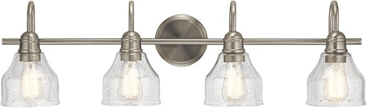 Kichler Avery 33.25" Vanity Bath Light in Brushed Nickel, Vintage 4-Light Bathroom Wall Mount Fixtured with Clear Seeded Glass, (24" W x 9.25" H), 45974NI White