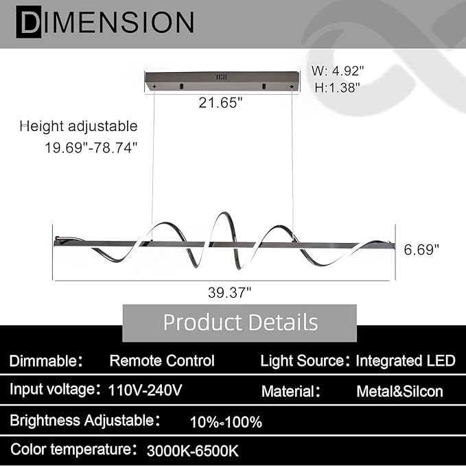 Black Modern Chandelier,Modern Led Pendant Light for Kitchen Island Lighting Dimmable 39.73" Creative Snake-Shaped Twist Design Modern Led Chandelier for Dining Room Over Table