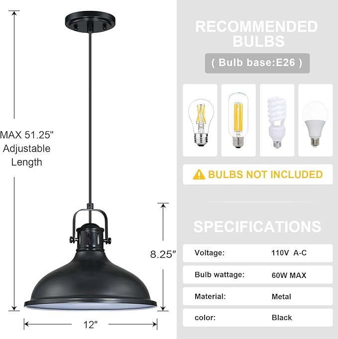 Doraimi Lighting LED 1 Light Pendant Light Industrial Vintage Fixtures Metal Chandelier Lights with Painting Black Finish,Ceiling Lamp for Kitchen Home Island Dining Room Bedroom Farmhouse