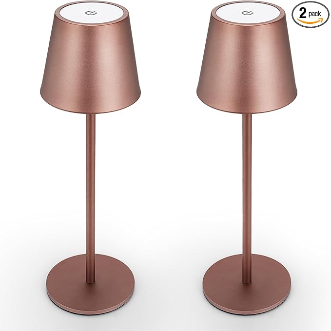 Maksone 2 Pack LED Cordless Table Lamp, 6600mWh Rechargeable Battery Desk Lamp, 3000K Stepless Dimming Night Light, IP54 Waterproof Metal Outdoor Portable Lamp for Camping, Restaurant(Brown)