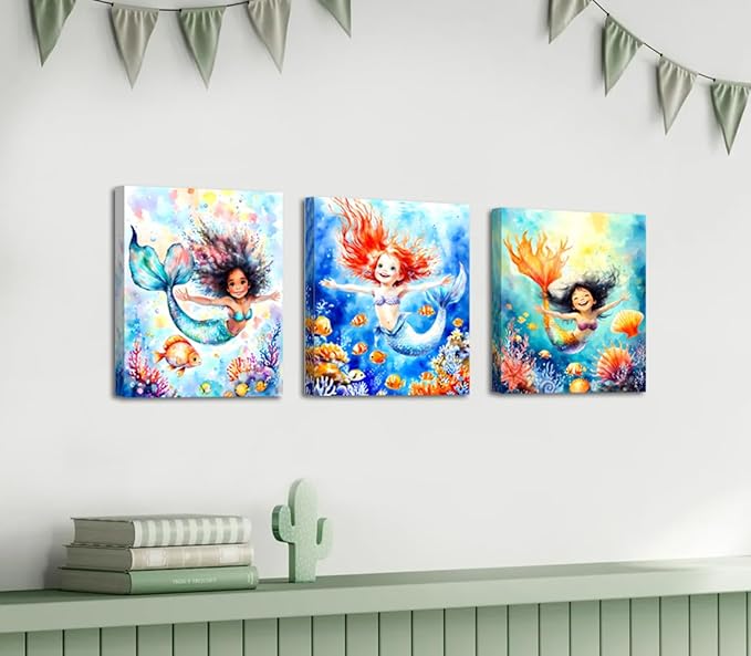 Framed Mermaid Wall Art,Mermaid Nursery Wall Art Prints,Ocean Bathroom Decor Prints,Mermaid Pictures Coral Wall Decor Canvas Prints for Girls Room Wall Decor Set of 4(8"x10")