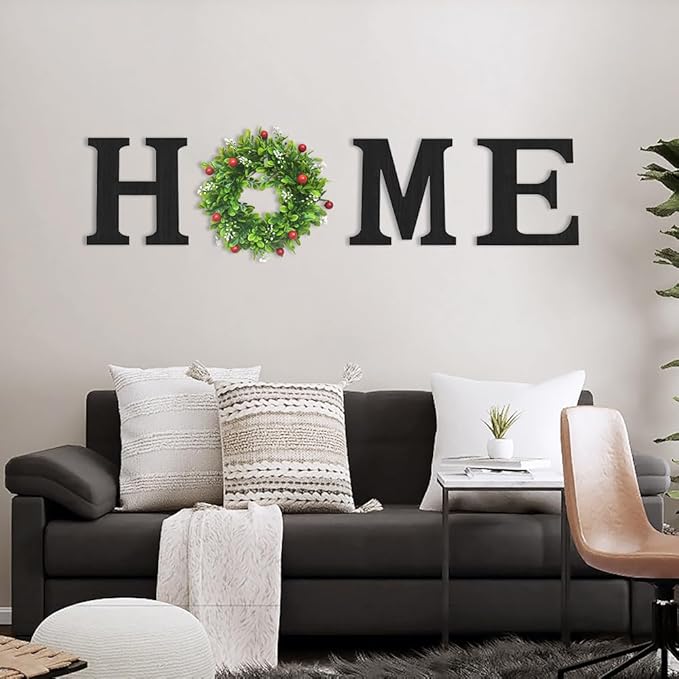 Wooden Home Sign with Artificial Boxwood Wreath for O, Hanging Farmhouse Wall House Decor Wood Letters for Wall Art Rustic Home Decor, Wall Decor for Living Room Kitchen Entryway