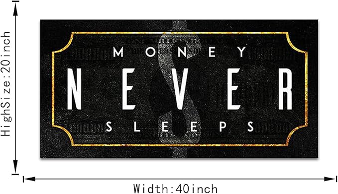 Inspirational Office Canvas Wall Art with Positive Quotes Money Never Sleeps Artwork Black Background Nordic Western Paintings HD Print for Study Room Gym Wall Decor Framed Ready to Hang-40 Wx20 H