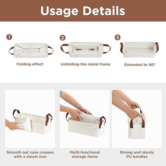 DULLEMELO Small Storage Bins, Fabric Storage Bins Closet Baskets for Organizing with PU Handles, Rectangle Closet Storage Bin with Metal Frame, Natural Color, 2-Pack