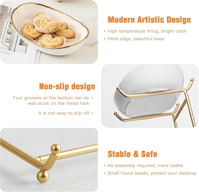 2 Tier Ceramic Fruit Bowl for Kitchen Counter, Tiered Fruit Basket for Countertop, Modern Multi Layer Fruit Display Stand for Party, Cute & Smal (Gold-rimmed)