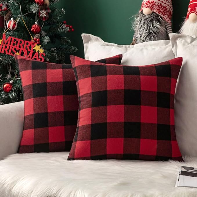 MIULEE Pack of 2 Classic Farmhouse Buffalo Check Plaids Polyester Linen Soft Soild Decorative Square Throw Pillow Covers Home Decor Cushion Case for Sofa Bedroom 18x18 Inch, Black and Red