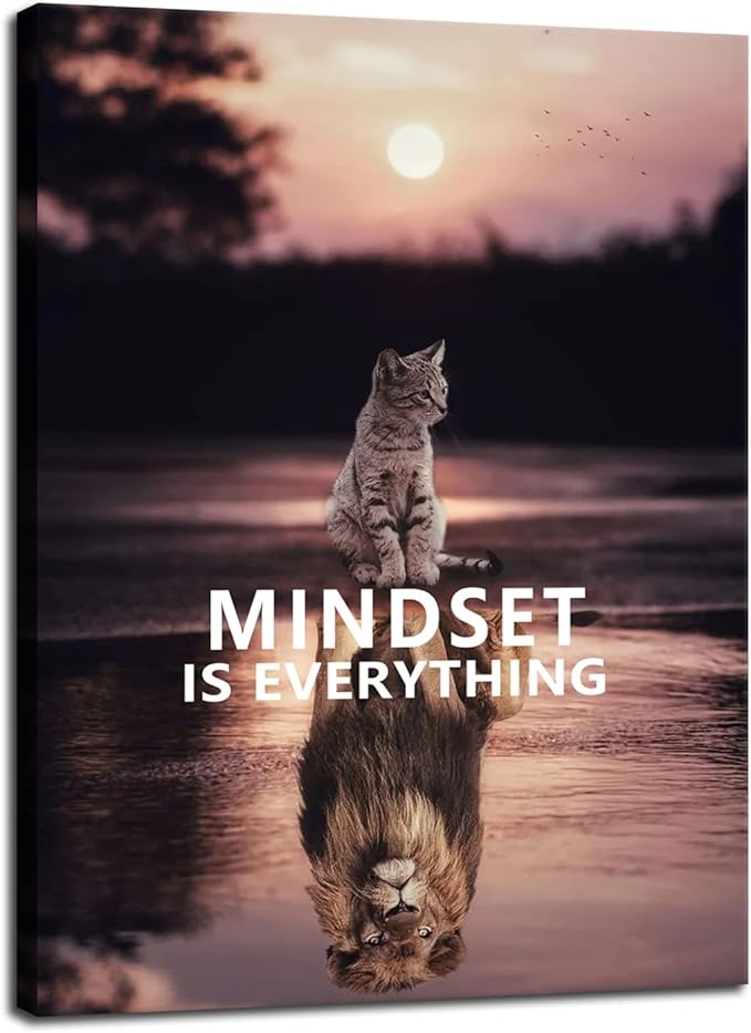 Inspirational Wall Art Mindset is Everything Kitten Lion King Inspiring Painting Printing Artwork Entrepreneur Quote Poster Home Wooden Decoration Bedroom Room Frame Ready to Hang[18" W x 24" H]