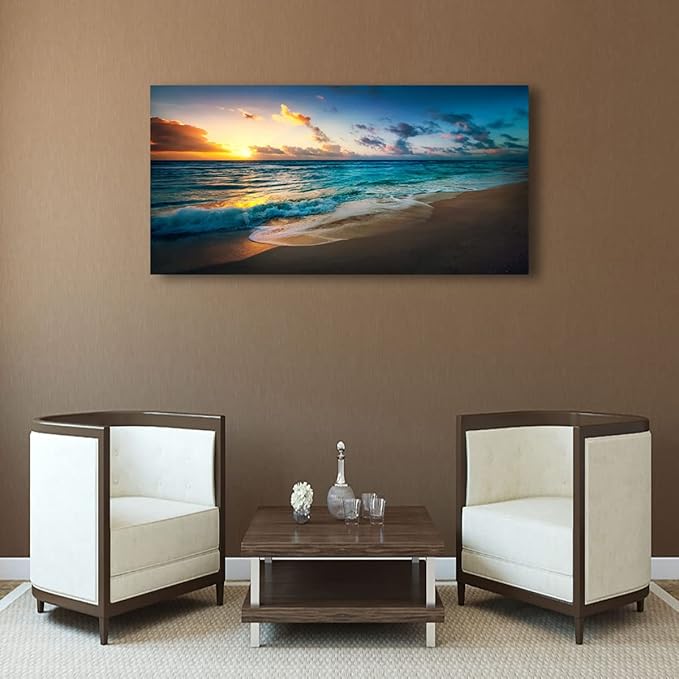 Beach Pictures Wall Art Canvas Prints Seascape Themed Decor for Home Sea Ocean Sunset Paintings for Living Room Bathroom Wall Decorations Natural Landscape Artwork Wooden Picture Frames 24x48 inches