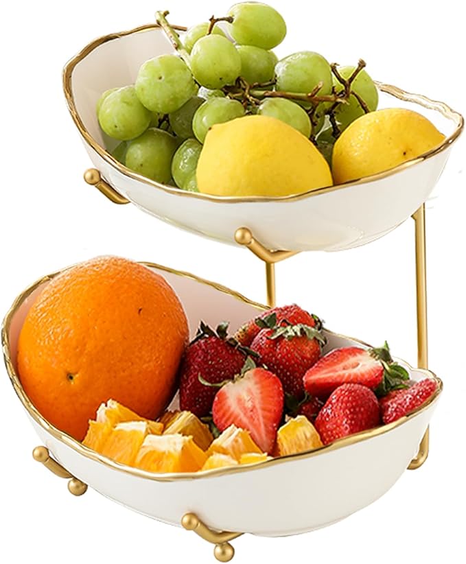 2 Tier Ceramic Fruit Bowl for Kitchen Counter, Tiered Fruit Basket for Countertop, Modern Multi Layer Fruit Display Stand for Party, Cute & Smal (Gold-rimmed)