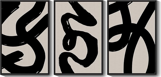 KUVIOKE Black Abstract Framed Wall Art Ink Wash Minimalist Lines Painting Artwork for Bedroom Living Room Hallway Decor Ready to Hang 24x36in (Black Framed)