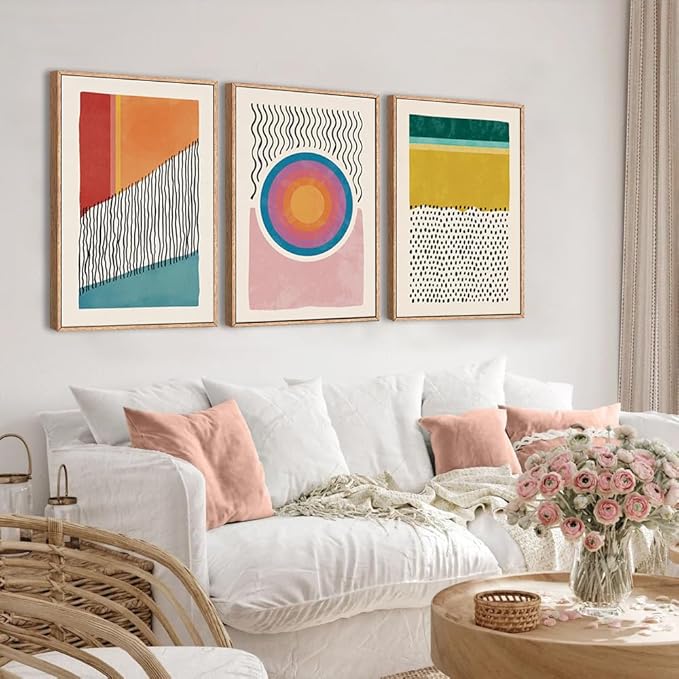 HPINUB Boho Framed Canvas Prints Wall Art Set, Mid-Century Abstract Color Block Shape Wall Decor, Geometric Illustrations Art Photos for Living Room, Bedroom, Dining Room, Office, Bathroom-24 x36 x3
