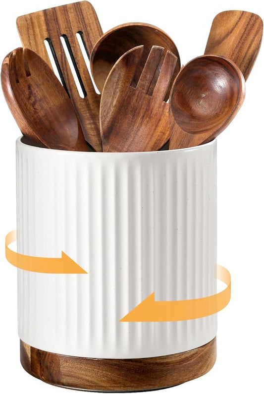 DOWAN 360° Rotating Extra Large Cooking Utensil Holder, 7.6" Kitchen Utensil Holder for Countertop, Utensil Crock for Farmhouse Kitchen Decor, Ceramic Stable Utensil Caddy, White Stripes