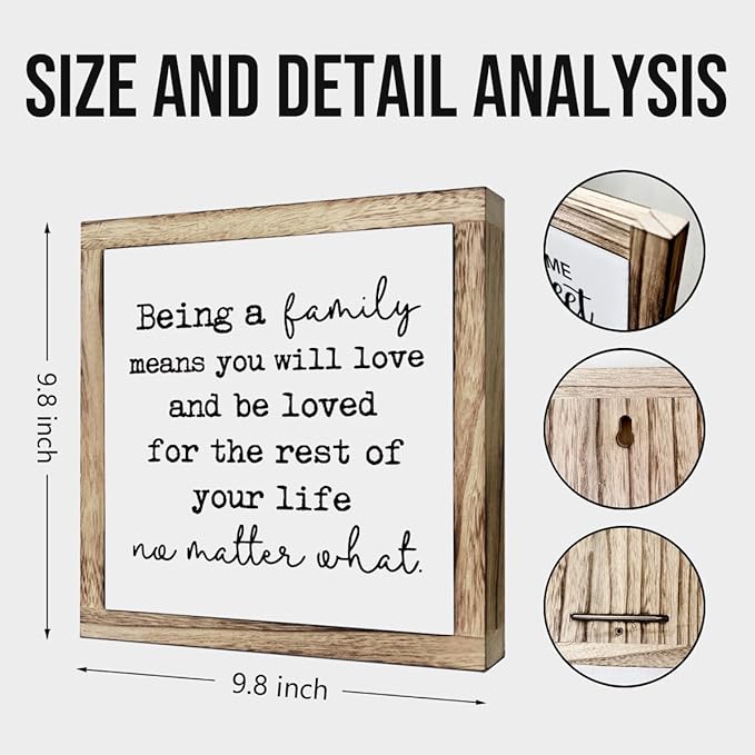 Farmhouse Home Decor, “Being a Family Means You Will Love and Be Loved” Box Plaque 9.8×9.8in, Farmhouse Wall Art for Living Room or Shelf Decor, Warm Home Decoration and Housewarming Gift
