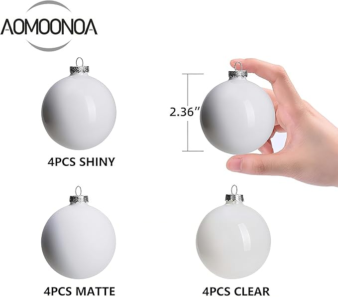 White Glass Christmas Ornaments for Tree, Matte, Shiny, Clear Ball Ornaments, 12 Pcs Ivory Xmas Balls for Home Decoration, Thanksgiving, Party, DIY Gift