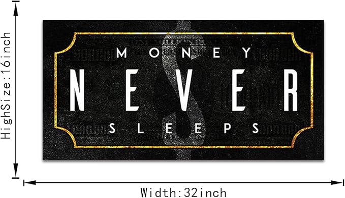 Abstract Creative Money Never Sleeps Motivational Quote Art Prints Painting on Canvas Inspirational Poster Wall Picture Office Wall Art Living Room Bedroom Wall Hangings Framed Ready to Hang-32"Wx16"H