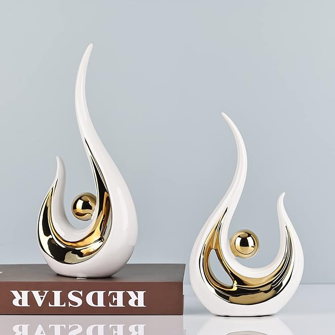 LCCCK 2-Pack Modern Abstract Art Home Decor Accent, Contemporary Statues Coffee Table Decor for Living Room, Dining Room Centerpieces, Ceramic Sculptures and Gold Knick Knacks for TV Stand Decor
