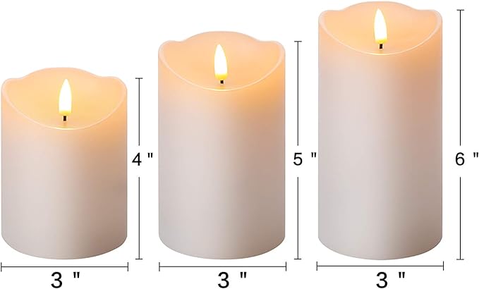 Eywamage White Flameless Pillar Candles with Remote, Flickering Realistic Battery Powered LED Wax Candles, Φ 3" H 4" 5" 6"