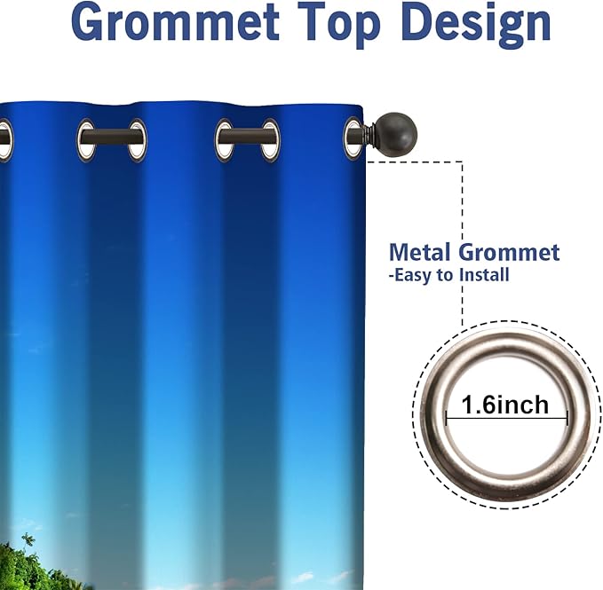 Jekeno Ocean Beach Palm Tree Blackout Curtains Tropical Ocean Decor for Bedroom Living Room with Beach Blue Sky Sunny Scene Grommet Window Drapes 2 Panel Set, 52"x63"