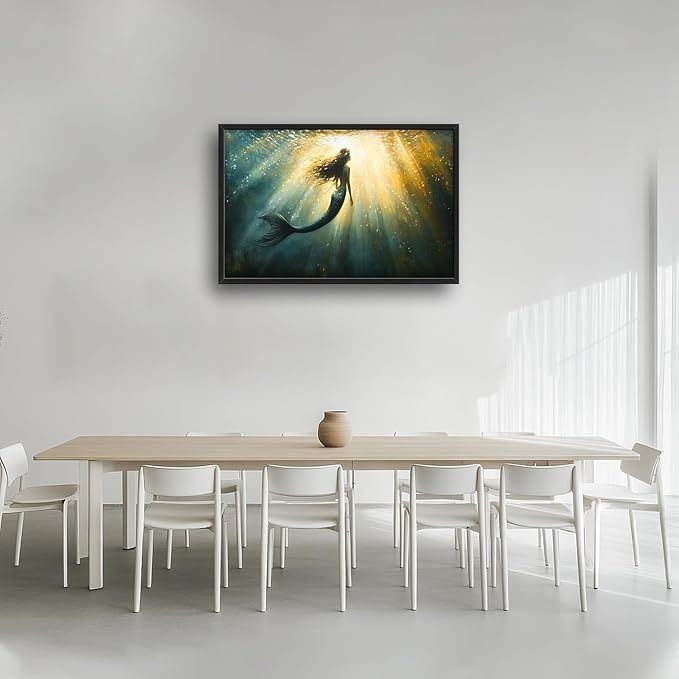 Olivine Mermaid Wall Art, Ocean Pictures Wall Decor, Coastal Painting, Marine Life Canvas Prints, Framed Artwork for Bathroom Bedroom Living Room Office Home Decoration 36"x24"