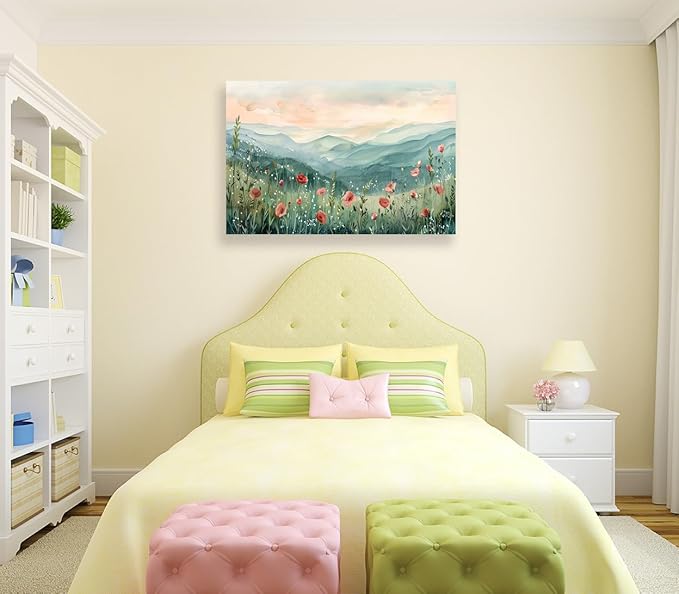 Tucai Decor Floral Landscape Canvas Wall Art 32 x 48 inches Poppies in Mountain Valley Home Decor Art Prints for Living Room Bedroom Office Ready to Hang