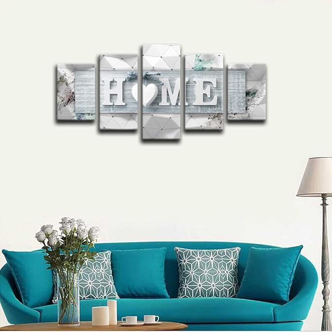 AWLXPHY Decor Heart of Home Love Wall Art Blue and White 5 Panels Framed Canvas Painting for Living Room Decoration Modern Still Life Love Stretched Artwork (Blue, W80 x H40)