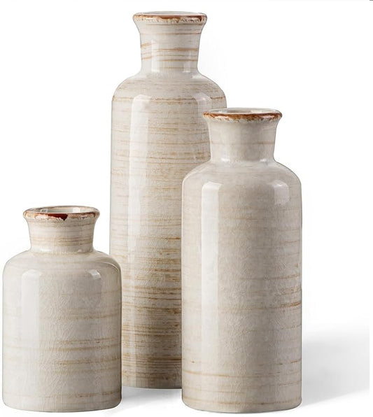 CwlwGO- Ceramic Rustic Vase 3 Piece Set,Small vase for Country Home Decoration,Modern Farmhouse Decor, Living Room Table Decoration, Bookcase, Fireplace and Entrance Decorations.(White)