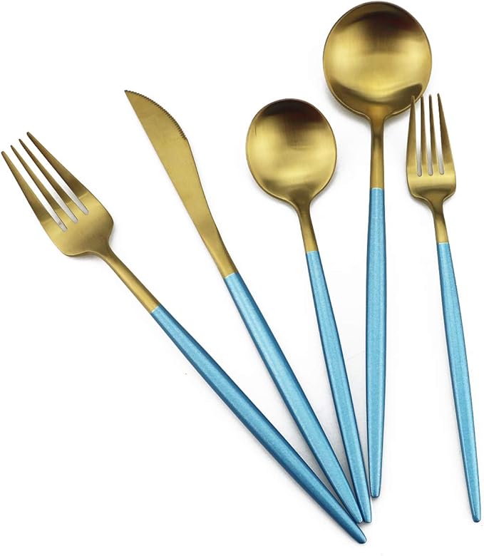 Gugrida Blue Gold Flatware, Royal 20 Piece Matte Blue Handle 18/10 Stainless Steel Tableware Sets for 4 Including Forks Spoons Knives, Camping Silverware Travel Utensils Set Cutlery (Blue Gold)