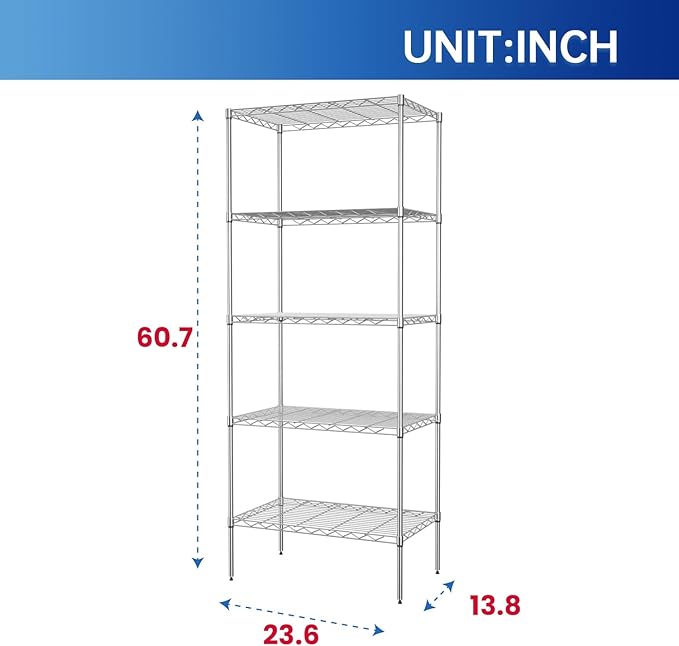 PayLessHere | 5-Tier Wire Shelf | 24"x14"x60" | Chrome | Adjustable Racks | Heavy-Duty Storage Shelves, Holds Upto 750 lbs | Rust-Resistant, No-Tool Assembly | for Home, Garage Shelving