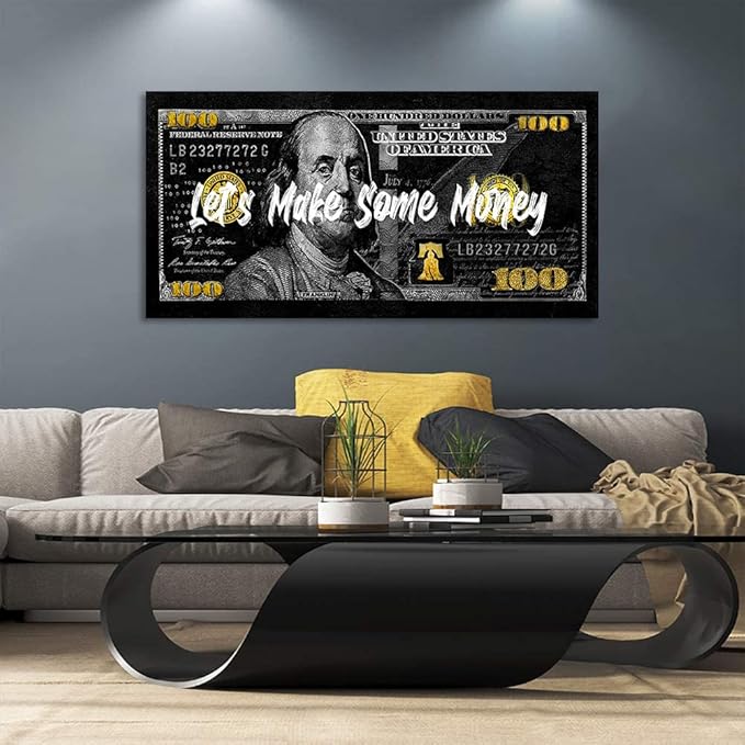 Large Size Money Canvas Art Obsidian Franklin 100 Dollar Art Print with Motivational Positive Quotes Verbs let's Make Some Money Office Home Wall Decor Framed Easy to Hang-48 inch x 24 inch