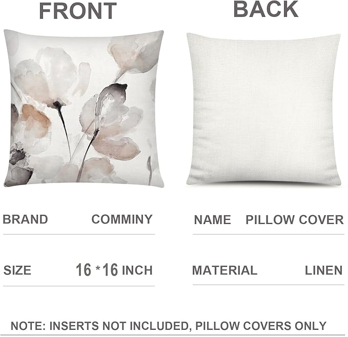 Brown White Grey Pillow Covers 16x16 Set of 6, Watercolor Flower Throw Pillow Cover for Couch, Modern Floral Cushion Cover for Sofa Bedroom Living Room Farmhouse Home Decor