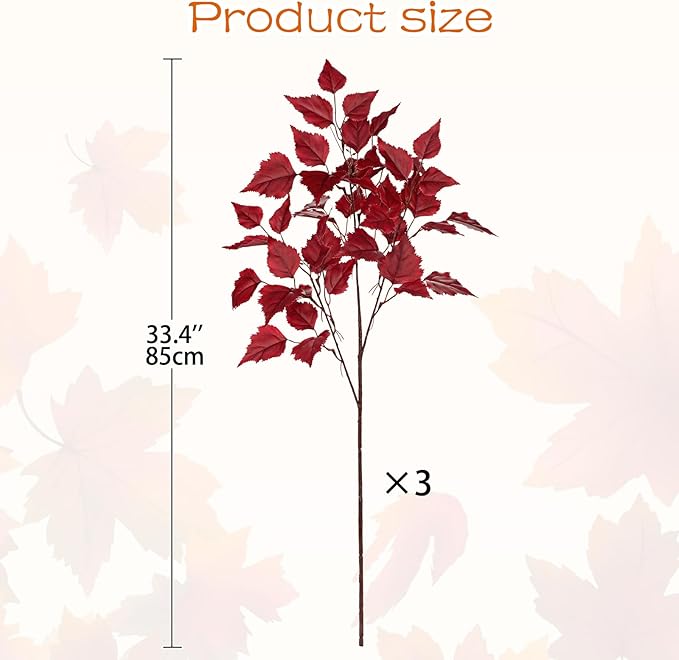 Hollyone 3Pcs Fall Artificial Birch Leaves with Stems 33" Silk Faux Burgundy Autumn Leaf Branches Spray Fake Fall Leaves Decorations for Home Vase Florals Thanksgiving Table Centerpieces Indoor Decor