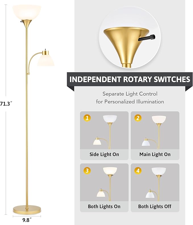 VONLUCE Torchiere Floor Lamp, 71" Standing Lamp with Adjustable Reading Lights & 2 Bulbs, 3 Color Temperatures Modern Tall Pole Lamp for Living Room Bedroom Corner, Gold