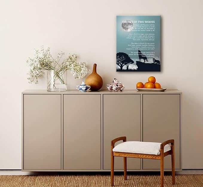 Wolf Poster, The Tale of Two Wolves, Canvas Wall Art Inspirational Quote Decor, Wolf Décor, Wolf Gifts, Canvas Prints Poster Wall Art (Blue)