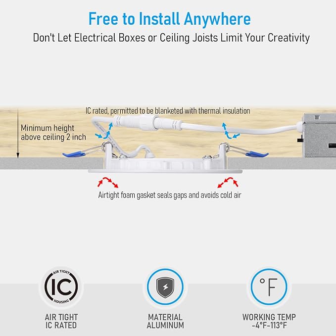 TORCHSTAR 12-Pack 5CCT 4 Inch Ultra-Thin LED Recessed Lighting with Junction Box, CRI90, Aluminum, 2700K3000K3500K4000K5000K, 5%-100% Dimmable Slim Recessed Downlight, 9W 810LM, ETL & ES