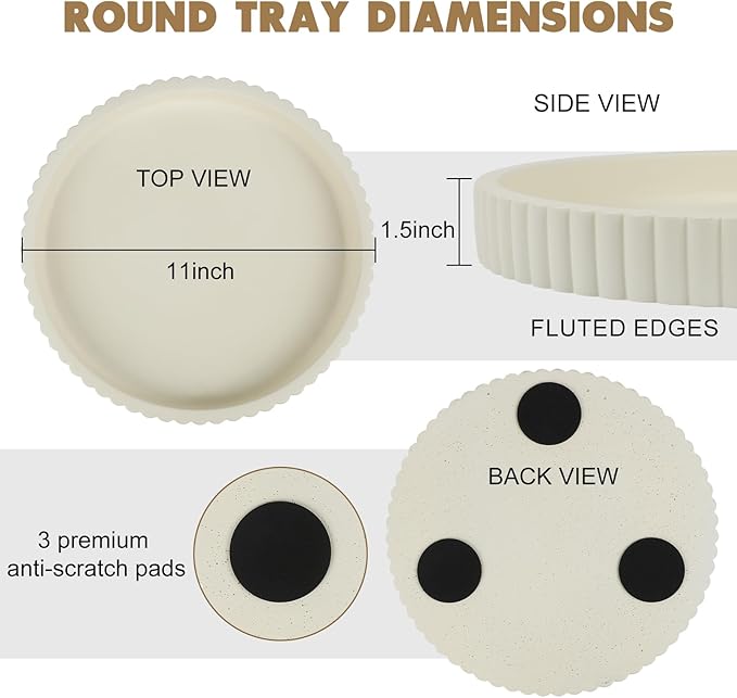 Round Decorative Tray for Coffee Table Decor-Modern Home Decor Tray-Concrete Coffee Table Serving Tray-Centerpiece Table Tray-Ottoman,Vanity, Bathroom, Kitchen,Dresser (White)