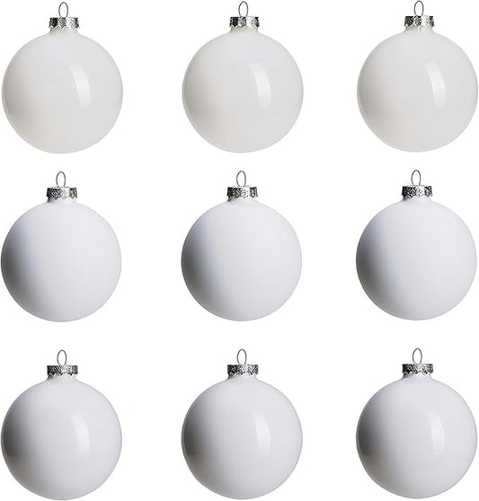 White Glass Christmas Ornaments for Tree, 3.15’’ Ball Ornaments Set of 9, Hanging Baubles with 3 Different Finishes, Plain Xmas Balls for Home Decor, Thanksgiving, Wedding Party Gift