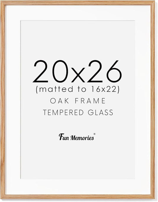 Fun Memories Rustic Solid Oak Wood Frame - 20x26 for Wall, Matted to 16x22 (Natural Oak Color, 1 Pack)