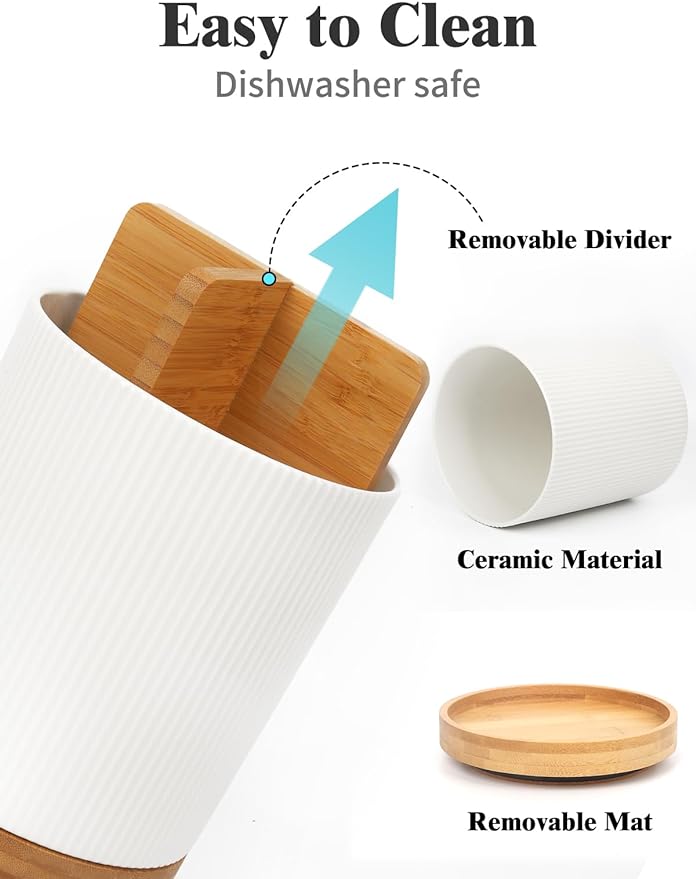 LoeJan 3 Compartment Utensil Holder, Extra Large Utensil Crock, Stable Ceramic Utensil Organizer, Cooking Tool Organizer Set for Kitchen Counter Farmhouse Decor (A-White(Vertical Stripe))